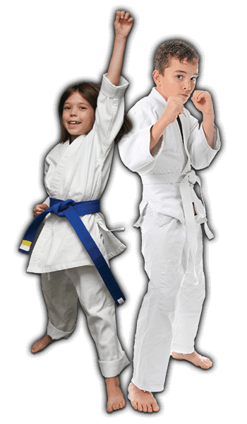 Martial Arts Lessons for Kids in Austin TX - Happy Blue Belt Girl and Focused Boy Banner
